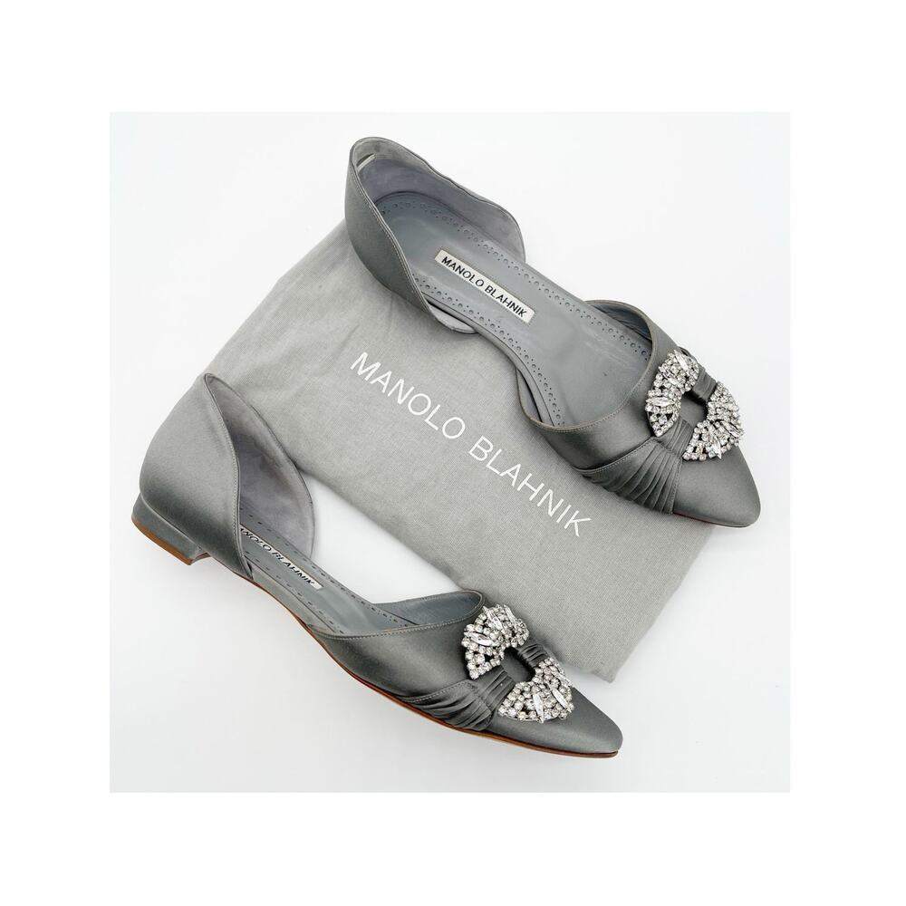 Manolo Blahnik Luanda Gray Crystal Brooch Satin D'Orsay Pointed Toe Flats IT 37